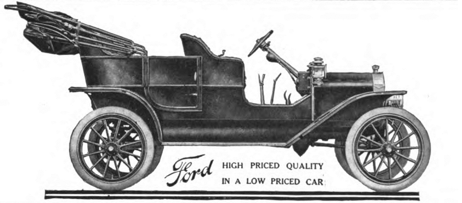 A Ford Model T illustration from a 1908 Life magazine advertisement.